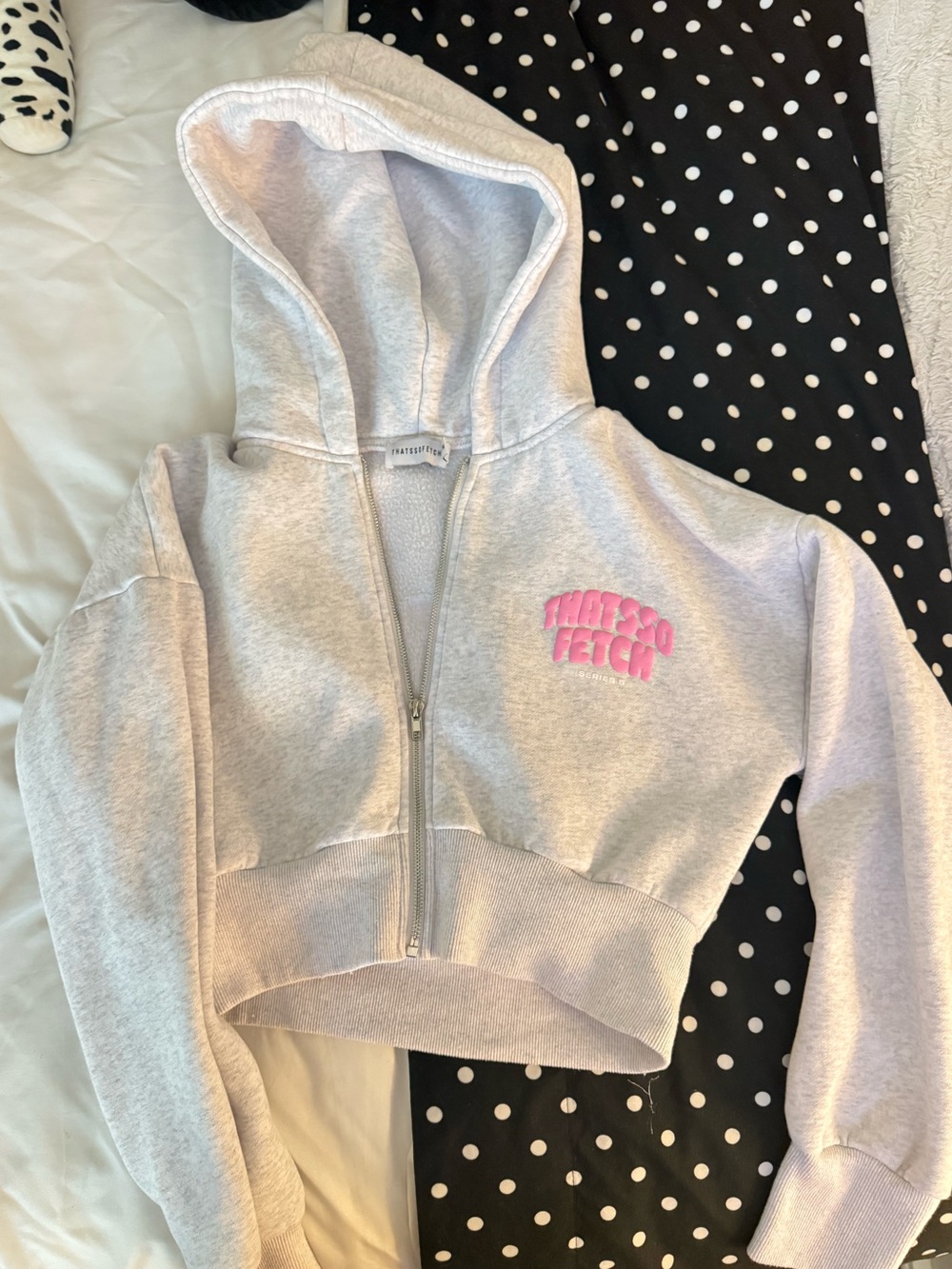 Light Gray Cropped Zip Hoodie with Pink Slogan